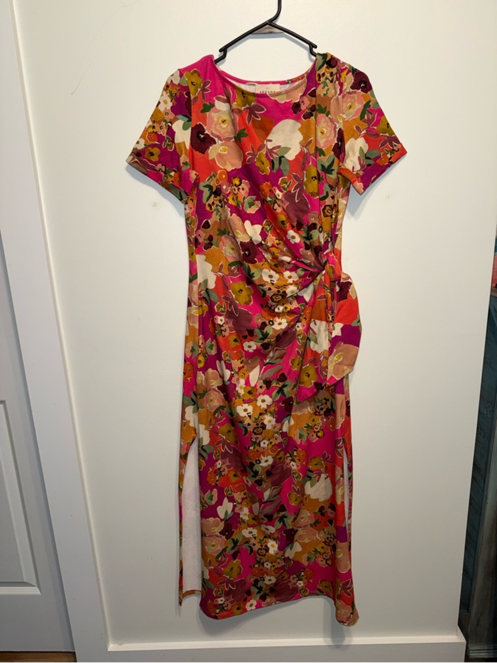 Sezane Floral Midi Dress in Pink and Green